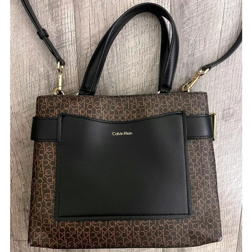 Calvin‎ Klein Monogram Logo Satchel Crossbody Bag Brown Black Gold Tone Hardware